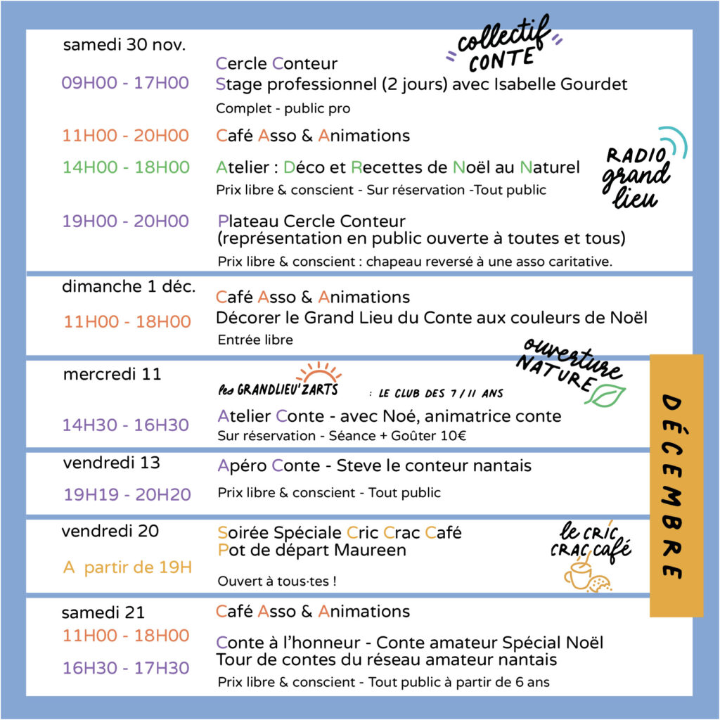 Programme de décembre au Grand Lieu du Conte