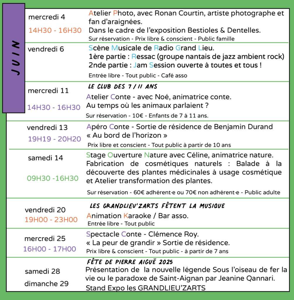 Programme du printemps au Grand Lieu du Conte